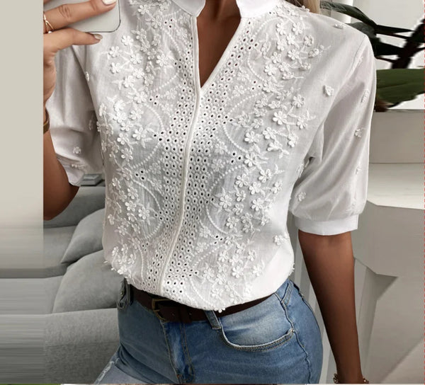 Chic Solid V Neck Lace Blouse