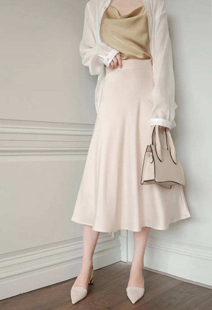 Emma Satin Midi Skirt in Champagne