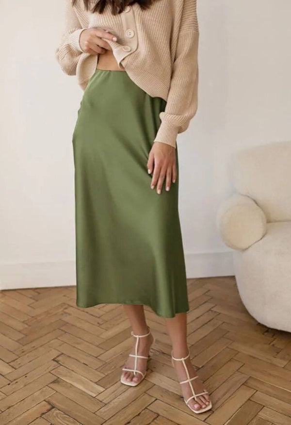 Wiva Satin Skirt in Olive Green