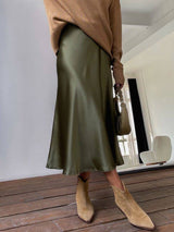 Wiva Satin Skirt in Olive Green