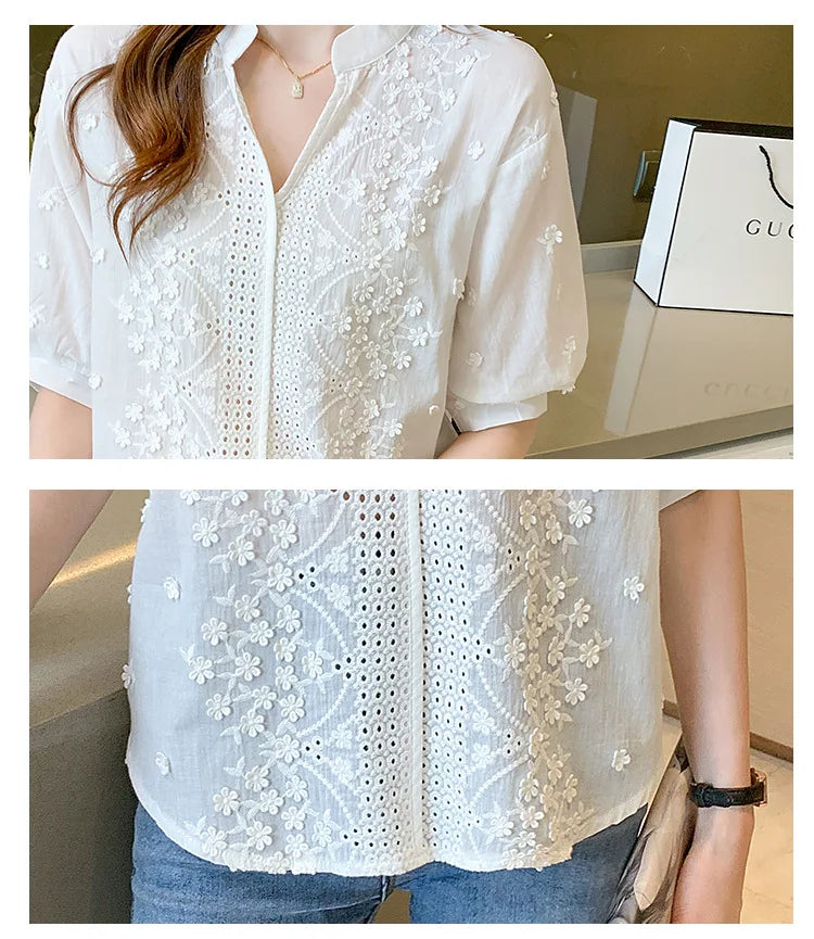 Chic Solid V Neck Lace Blouse