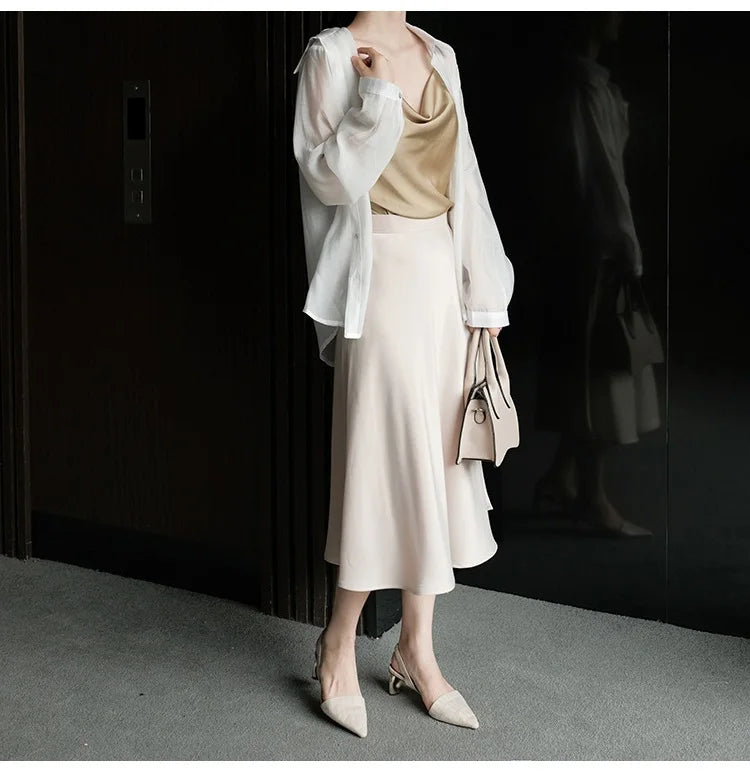 Emma Satin Midi Skirt in Champagne