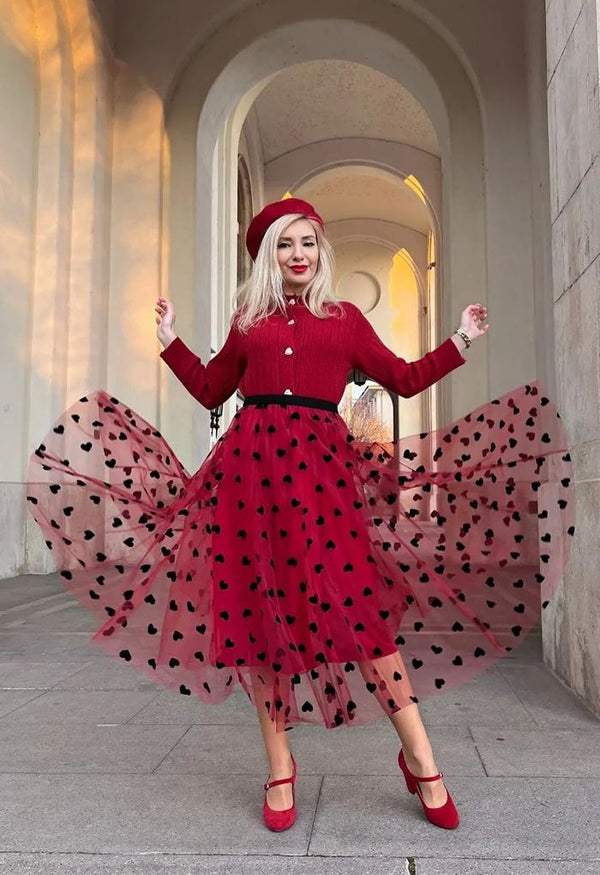 Heart Double-Layered Mesh Skirt in Red